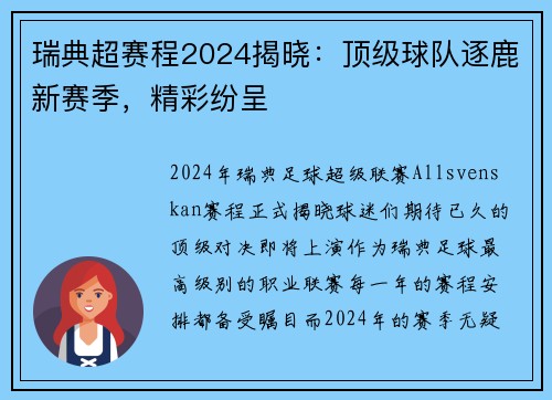 瑞典超赛程2024揭晓：顶级球队逐鹿新赛季，精彩纷呈