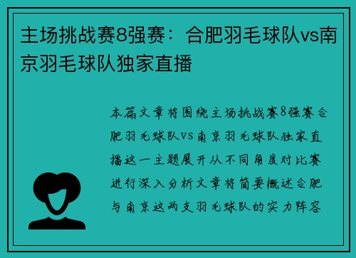 主场挑战赛8强赛：合肥羽毛球队vs南京羽毛球队独家直播