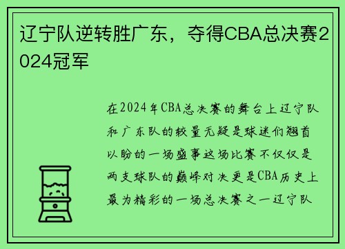 辽宁队逆转胜广东，夺得CBA总决赛2024冠军