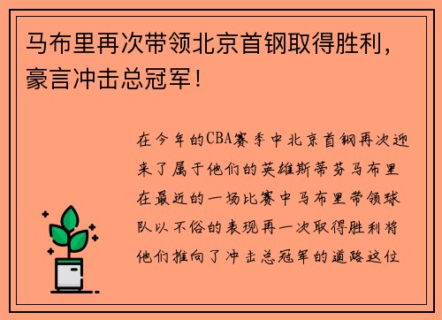 马布里再次带领北京首钢取得胜利，豪言冲击总冠军！